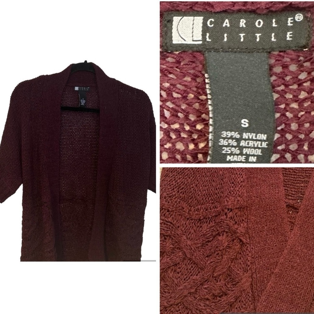 Carole Little Open 3/4 Sleeve Knit Black Cherry or Ox Blood Cardigan Size S